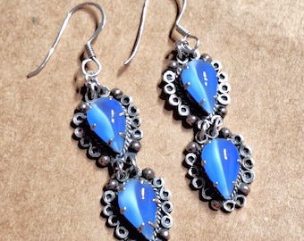 OOAK Earrings Blue Cats Eye Teardrop Shaped Rhinestones in Sterling Silver Scalloped Bezels, Prong Set, French Hook Ear Wires  DO2M8