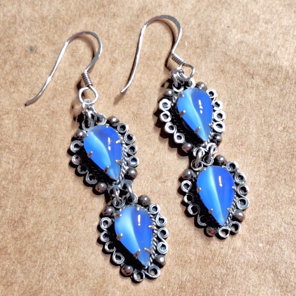 OOAK Earrings Blue Cats Eye Teardrop Shaped Rhinestones in Sterling Silver Scalloped Bezels, Prong Set, French Hook Ear Wires  DO2M8
