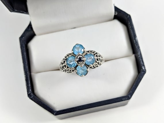 Vintage Sterling Silver Ring with Four Aquamarine… - image 1