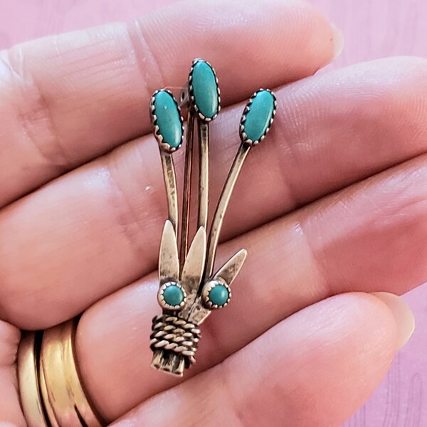 Vintage Southwest Turquoise Sterling Silver Floral Themed Pin Brooch, Southwestern Jewelry