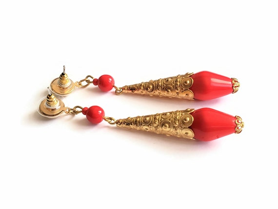 Vintage Gold and Red Long Dangle Pierced Earrings… - image 4