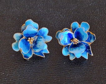 Vintage Thousand Flower Earrings, Multi Color Blue Enamel, Layered, Gold Vermeil Sterling Silver Stud Earrings 3/4 Inch Diameter