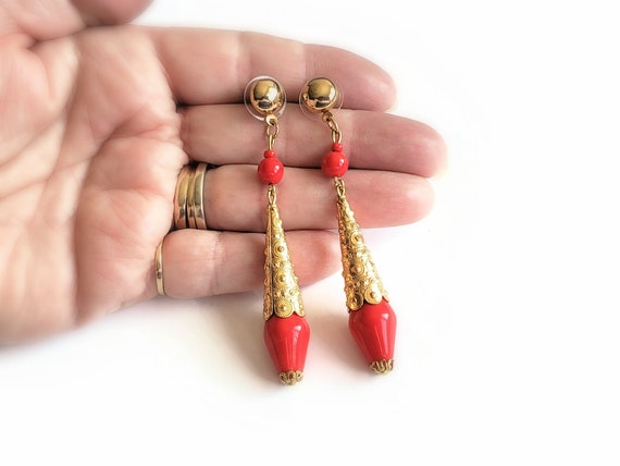 Vintage Gold and Red Long Dangle Pierced Earrings… - image 7
