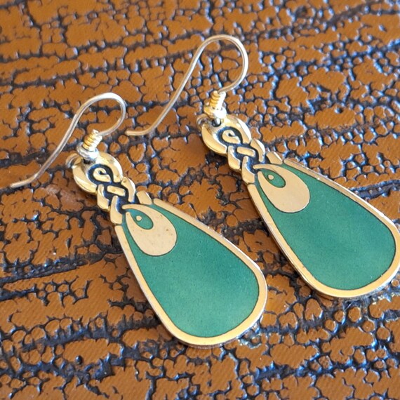 Vintage Signed Laurel Burch Earrings Green Enamel… - image 1