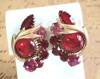 Vintage Clip On Red Pink Fuchsia Rhinestone Earrings, Dramatic Design, Saw Tooth Prong Set Glass Rhinestone Earrings, Glamorous and Classy