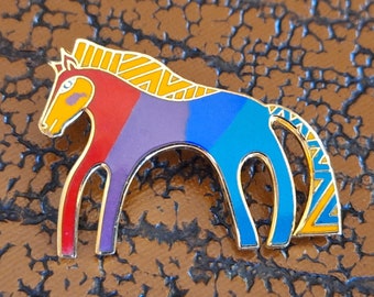 Vintage Laurel Burch Horse Pin ondertekend Caballo, Zuidwest Stijl Zuidwestelijke Kleuren Geometrische Patronen Regenboog van Kleuren WK8D4