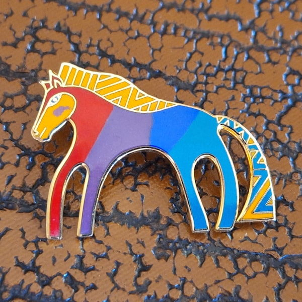 Vintage Laurel Burch Horse Pin signed Caballo, Southwest Style Southwestern Colors Geometric Patterns Rainbow of Colors  WK8D4