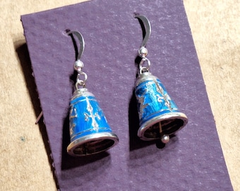 Vintage Blue Siam Sterling Silver Bell Shaped Earrings, French Ear Wires, Image of Thai Thailand Siam Dancer, Converted Screw Backs  87YUT