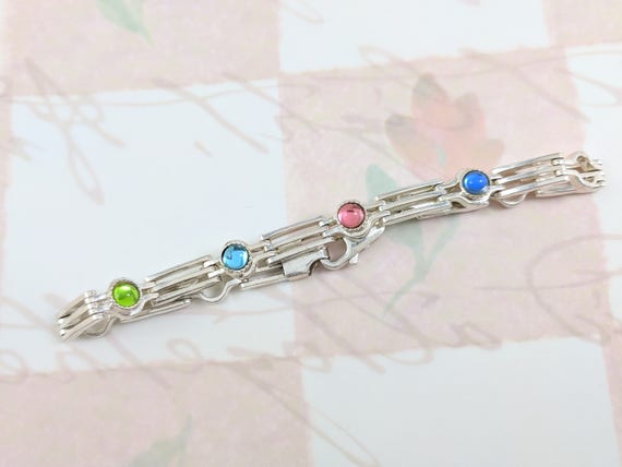 Italian Sterling Silver Bracelet with Colorful Gl… - image 1