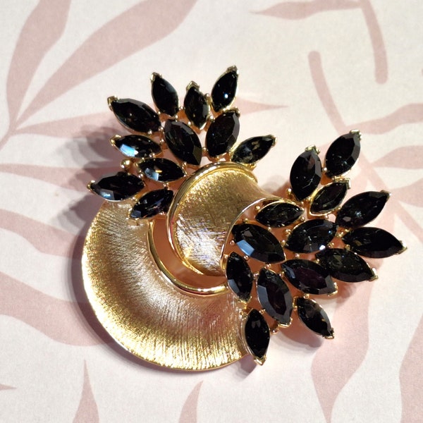 Vintage Trifari Brooch Brushed Finish Gold with Lots of Black Rhinestones, Similar to Bow Shape, Signed with Crown, 1960s Black and Gold