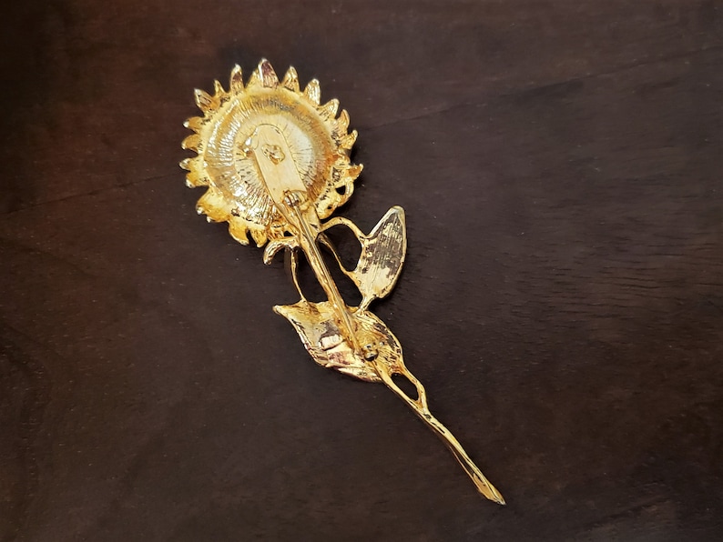 Versatile Colors Shiny Rich Gold Tone Metal Big Style Bright Clear Rhinestones Long Tall Sunflower Shaped Vintage Sunflower Brooch