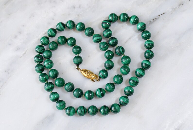 5mm Green Stone Beads Knotted 21 Inch Necklace, Vintage Malachite Beaded Necklace with Gold Gilt Sterling Silver Fish Hook Clasp