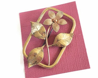 Vintage Krementz "Diana" Yellow and Rose Gold Filled Floral Brooch, Open "Window" Rectangle with Single Flower, Three Leaves, Something Old