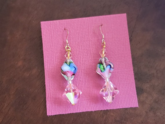 Upcycled Earrings, Pink Blue Green Swirls Beaded … - image 2