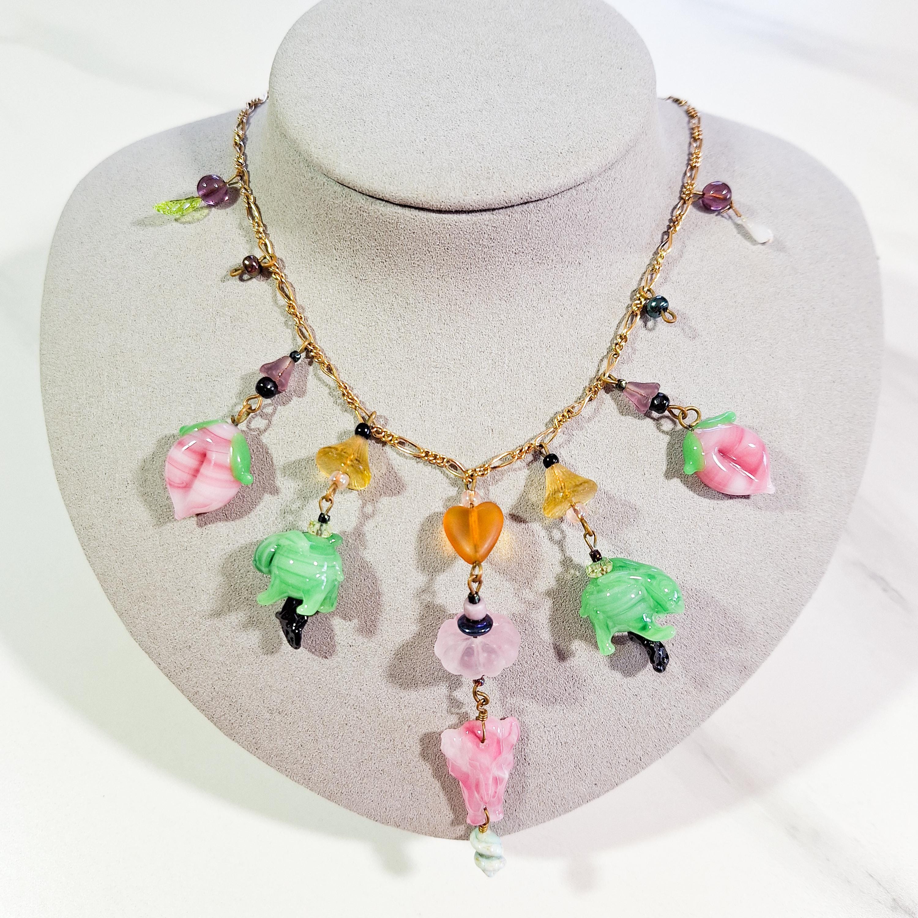 Vintage Pididdly Links Necklace, Colorful Glass Charms in Shapes
