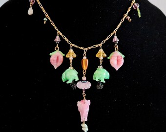 Vintage Pididdly Links Necklace, Colorful Glass Charms in Shapes