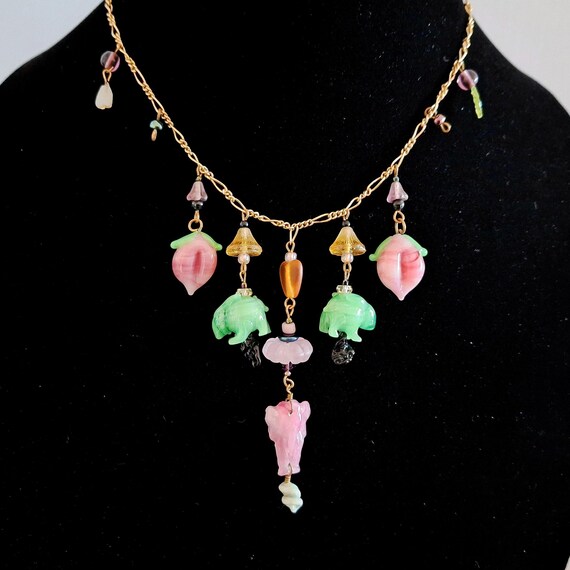 Vintage Pididdly Links Necklace, Colorful Glass Charms in Shapes