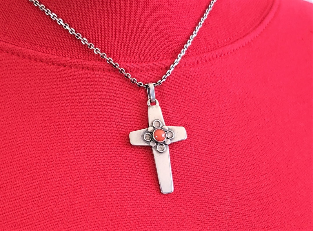 Vintage Sterling Silver Coral Cross Pendant Necklace Marked Etsy