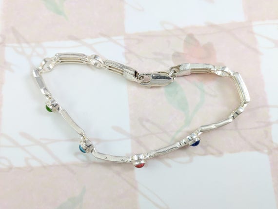 Italian Sterling Silver Bracelet with Colorful Gl… - image 4