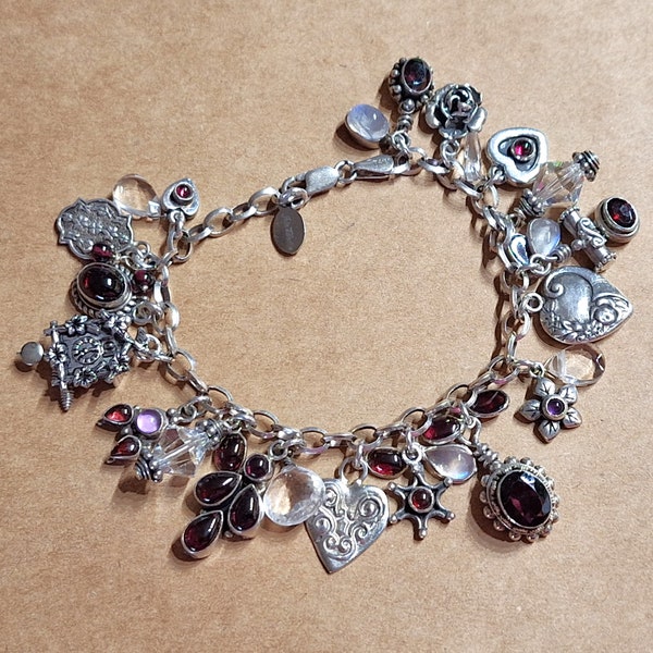 OOAK Sterling Silver Garnet Charm Bracelet, Moonstone and Crystal Accents, Puffy Hearts, Cuckoo Clock, Handmade One of a Kind Gift, Unique