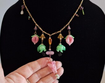 Vintage Pididdly Links Necklace, Colorful Glass Charms in Shapes