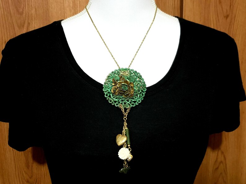 Gold Filled Locket Carved Flower Old Celluloid Buckle Jade Assemblage Necklace OOAK Good Luck Elephant Sterling Gold Vermeil Chain