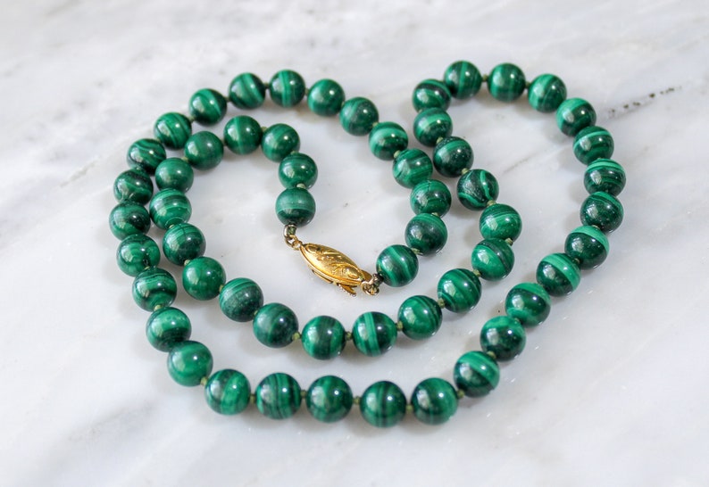 5mm Green Stone Beads Knotted 21 Inch Necklace, Vintage Malachite Beaded Necklace with Gold Gilt Sterling Silver Fish Hook Clasp