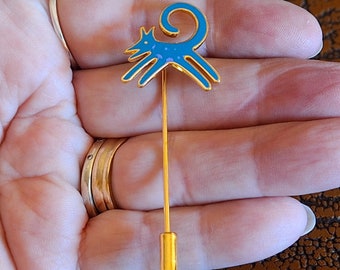 Vintage Laurel Burch Fox Stick Pin, Turquoise Blue Running Fox with Lavender Spots on Gold Tone Metal 1980s 1990s Genuine