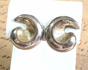 Vintage Sterling Silver and Gold Clip On Earrings Comma Shape Polished Smooth with Western Bright Cut Accents, Mexican Silver Earrings