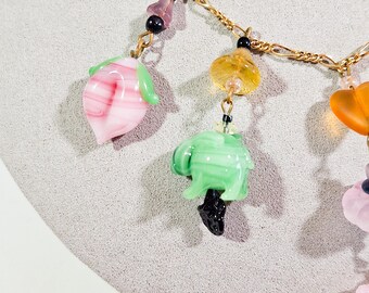 Vintage Pididdly Links Necklace, Colorful Glass Charms in Shapes
