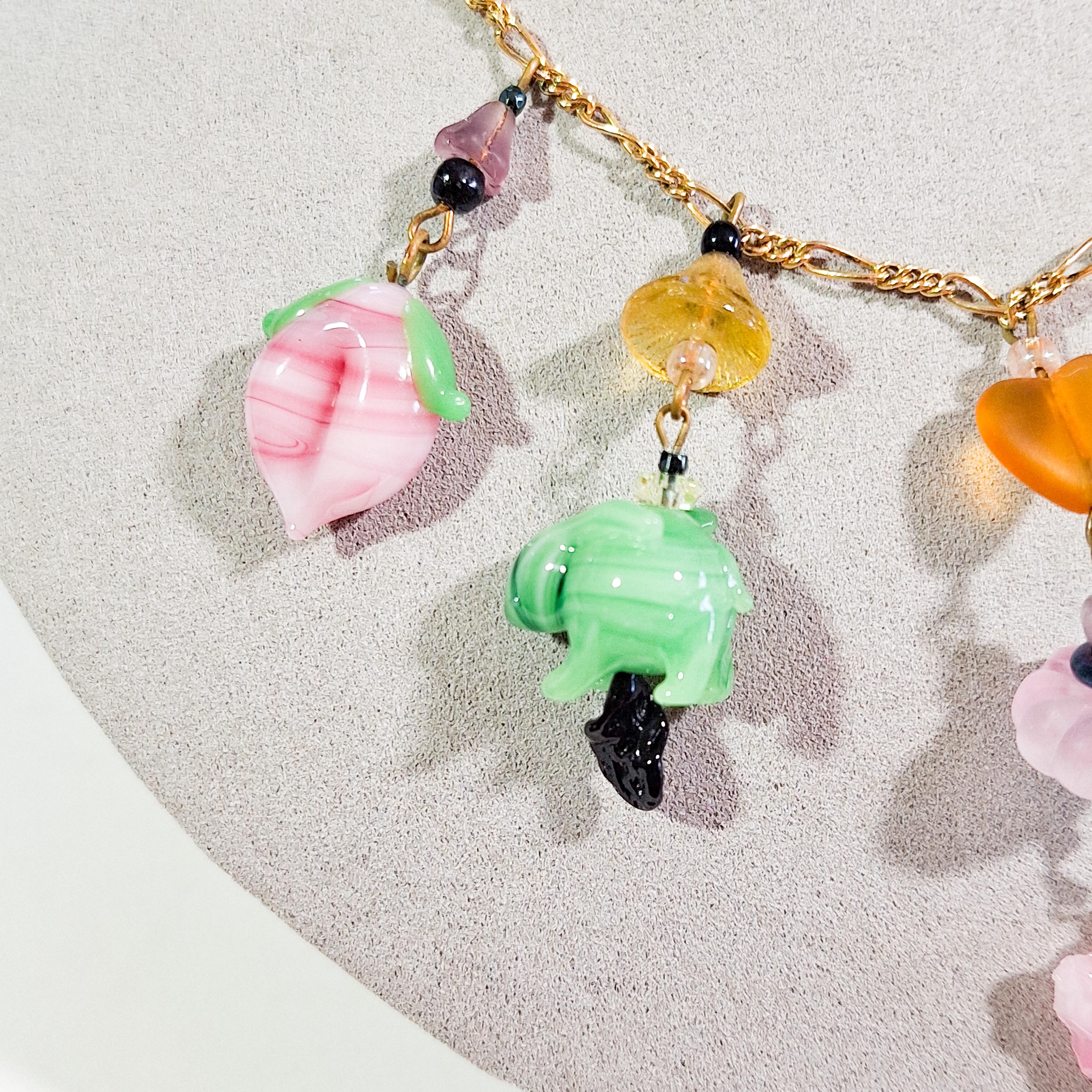 Vintage Pididdly Links Necklace, Colorful Glass Charms in Shapes