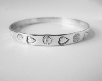 Vintage Taxco Mexico Sterling Silver Bangle Bracelet Impressions of Hearts and Suns Motif Made Solid Not Flimsy Appealing Design VGC