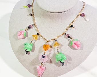 Vintage Pididdly Links Necklace, Colorful Glass Charms in Shapes