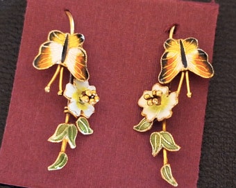 Vintage THOUSAND Flower Earrings Butterfly Flower Leaves, Gold Vermeil Sterling Silver Vine-Like Drop Dangle With Hook Ear wires VGC