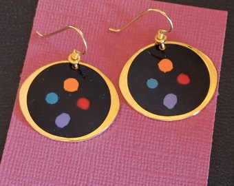 Vintage Laurel Burch Palette Earrings, "Artists Paint Palette", Oval Gold Tone Earrings with Black Enamel and Colorful Dots of "Paint"