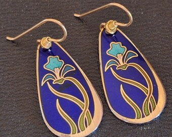 Vintage Laurel Burch Wild Iris Earrings, Gold with Blue Enamel and Iris Flowers on Teardrop Shaped Dangle with French Ear Wires  SK95D