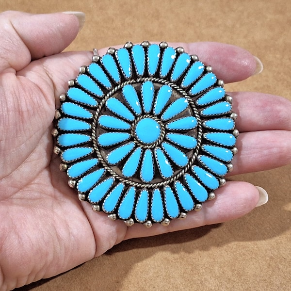 Vintage LARGE Zuni Turquoise Brooch and Pendant, Southwest Native American New Mexico Tribal Jewelry, Gorgeous Consistent Color of Stones