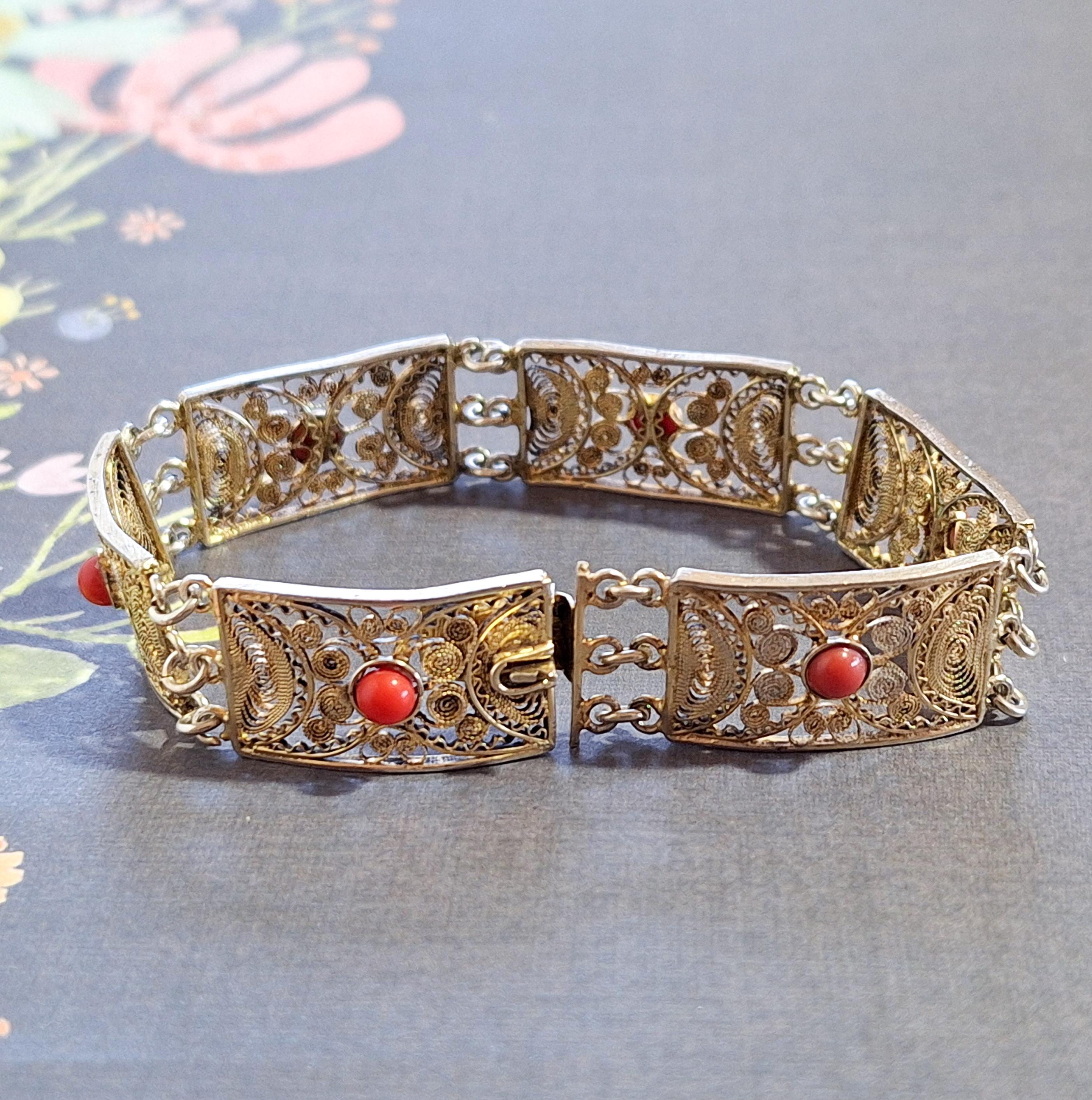Vintage 800 Silver Gold Vermeil Chain Link Bracelet With Coral