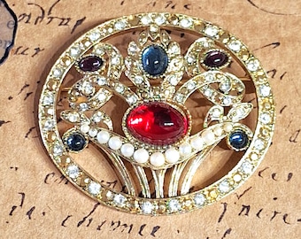 Vintage Richelieu Brooch, Signed, Gold Tone Metal, Multi Color Jelly Belly Rhinestones, Faux Pearls, Lots of Sparkle, Retro Antique Design