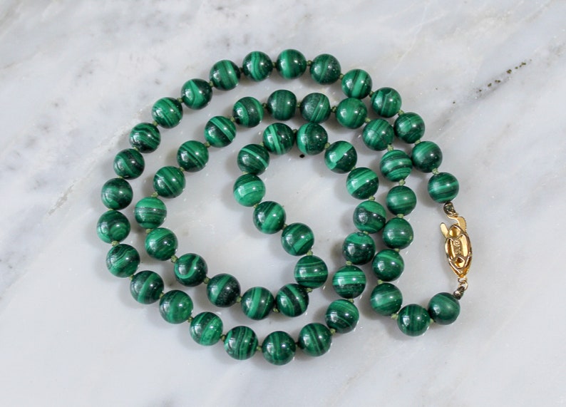5mm Green Stone Beads Knotted 21 Inch Necklace, Vintage Malachite Beaded Necklace with Gold Gilt Sterling Silver Fish Hook Clasp