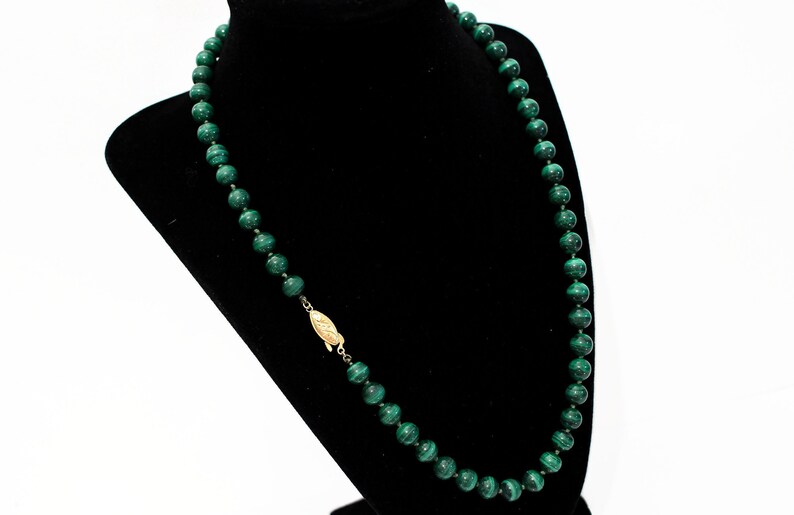 5mm Green Stone Beads Knotted 21 Inch Necklace, Vintage Malachite Beaded Necklace with Gold Gilt Sterling Silver Fish Hook Clasp