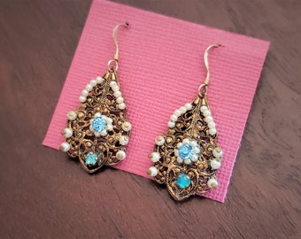 Vintage Brass Filigree Pearl Blue Rhinestone Dangle Earrings with Gold Filled Hook Ear Wires, Converted From Old Screwback Earrings