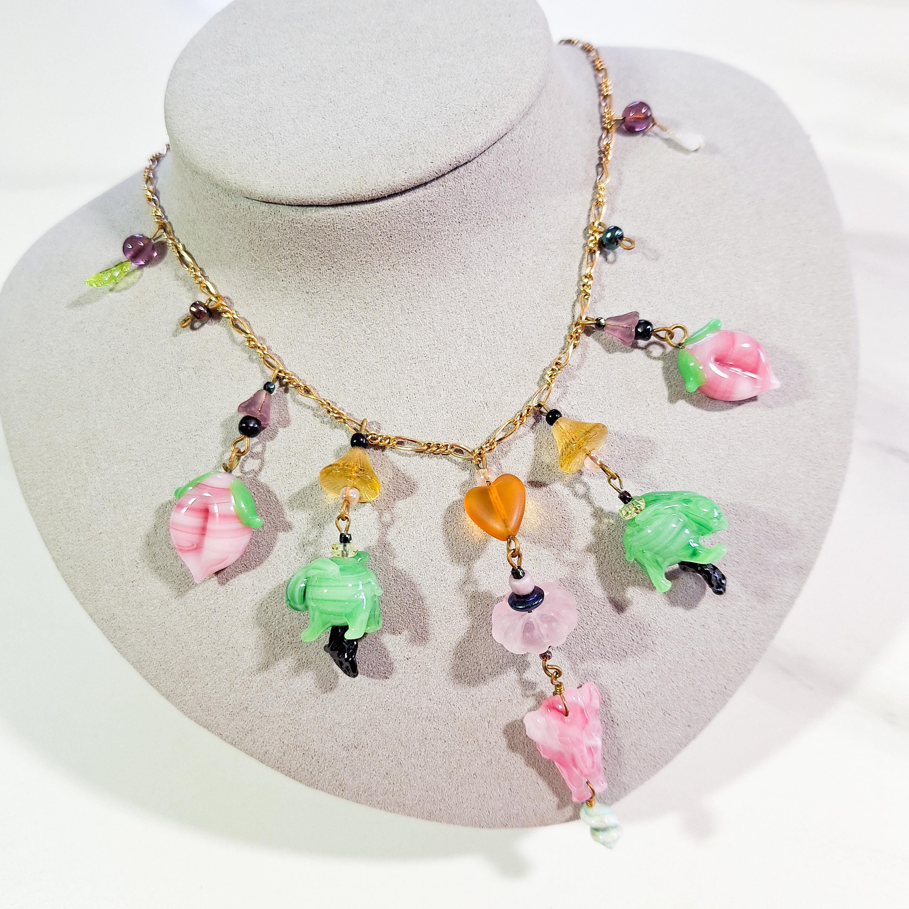 Vintage Pididdly Links Necklace, Colorful Glass Charms in Shapes