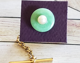 Vintage 14k Green Jade and Pearl Tie Tack or Lapel Pin, Necktie Accessories, Solid Yellow Gold, Jadeite Donut with White Pearl Center 11mm