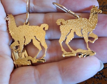 Vintage Wild Bryde Llama Earrings, Cute Animal Earrings, Gold Llama Earrings, Drop Dangles, Animal Lover Gift