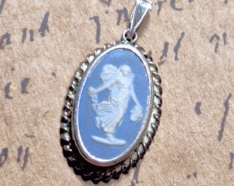 Vintage Wedgewood Made in England Sterling Silver Necklace Pendant, Jasperware, Blue with White Ceramic Angelic Figure, M5T9S