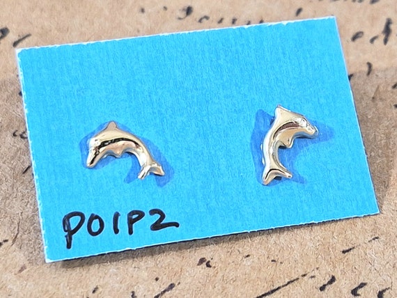 Vintage Tiny 14k Gold Dolphin Stud Earrings, Earr… - image 1