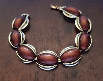 Vintage Kramer Thermoset Plastic Copper-Brown Panel Link Bracelet Signed, 7.5" Excellent Unworn Condition, Gold Tone Metal, All Very Shiny