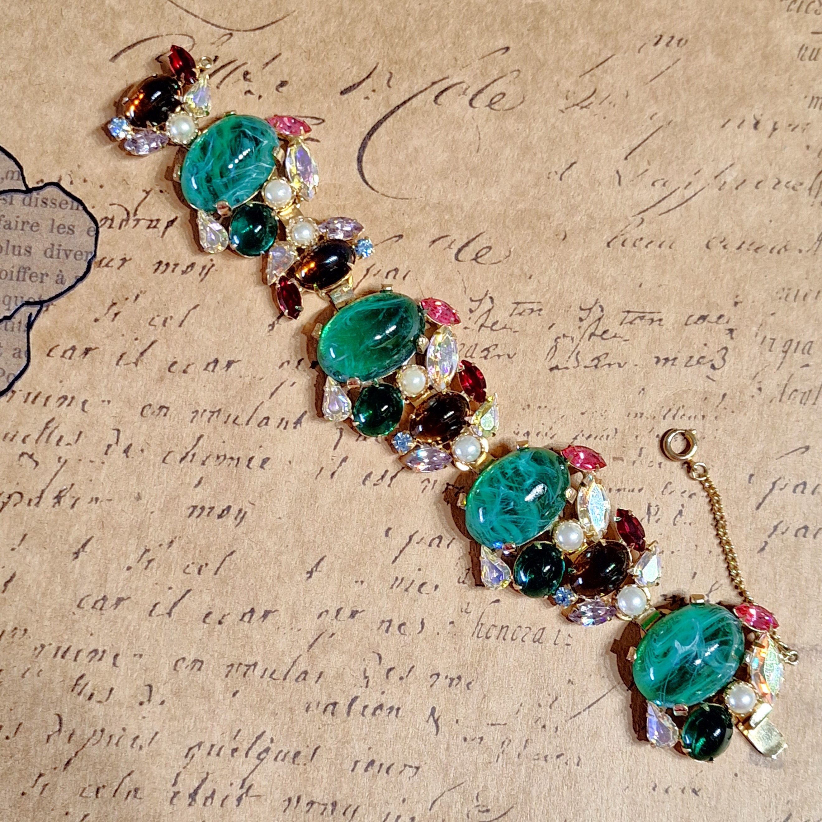 Vintage Alice Caviness Art Glass Rhinestone Bracelet, Chunky