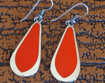 Vintage Laurel Burch OMEN Earrings, Silver Tone Teardrop Shape Dangles with Red Enamel, Long Dangle Earrings